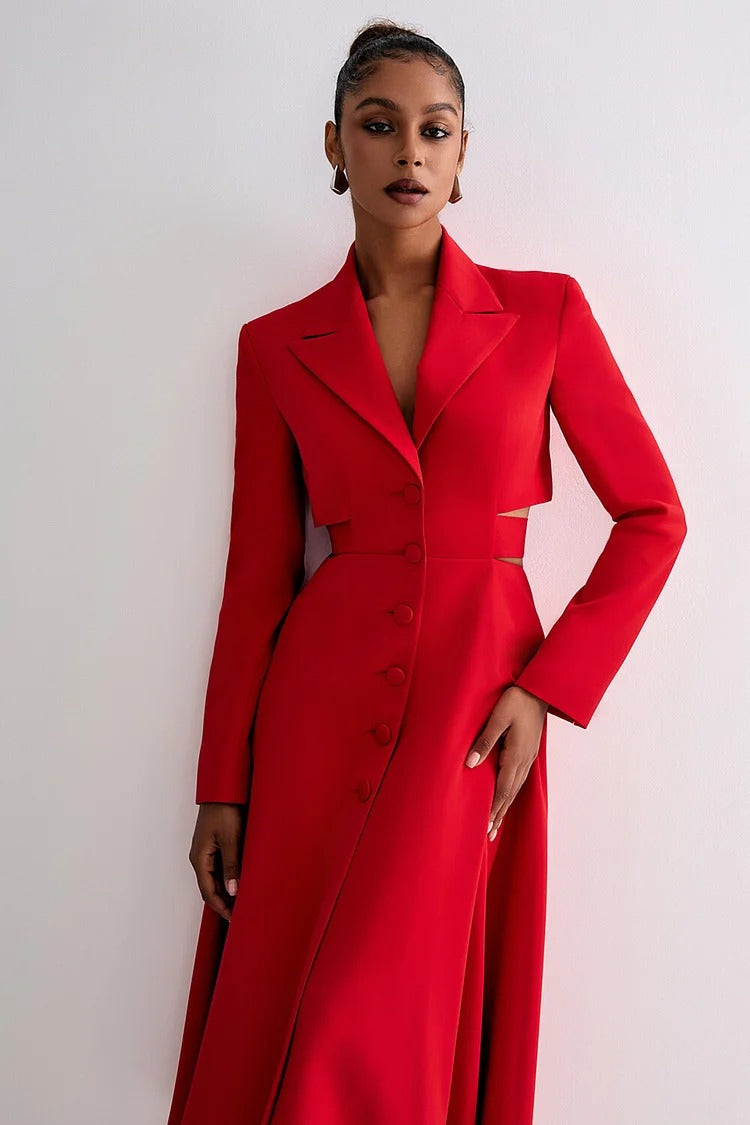 Red Notch Lapel Cutout Blazer Midi Dress - Isabelle