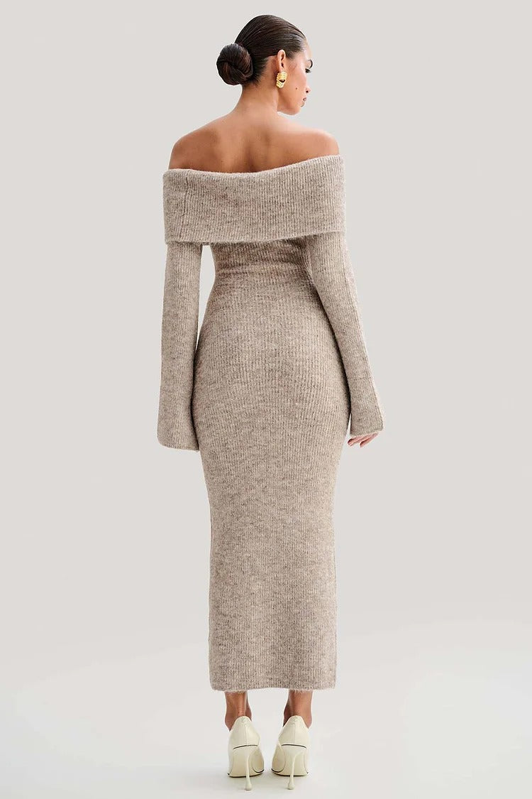 Beige Off Shoulder Overlay Long Sleeve Knit Bodycon Sweater Midi Dress - Amelia