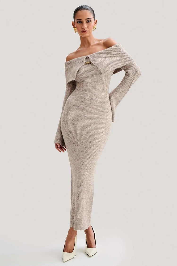 Beige Off Shoulder Overlay Long Sleeve Knit Bodycon Sweater Midi Dress - Amelia