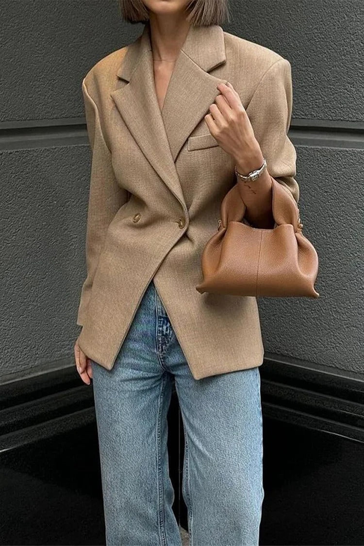 Khaki Double-Breasted Notch Blazer - Sophie