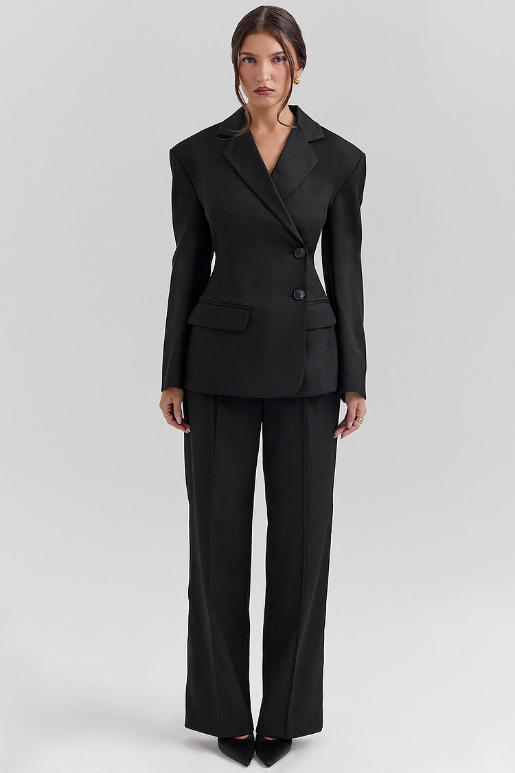 Black Cinched Waist Blazer Set - Olivia