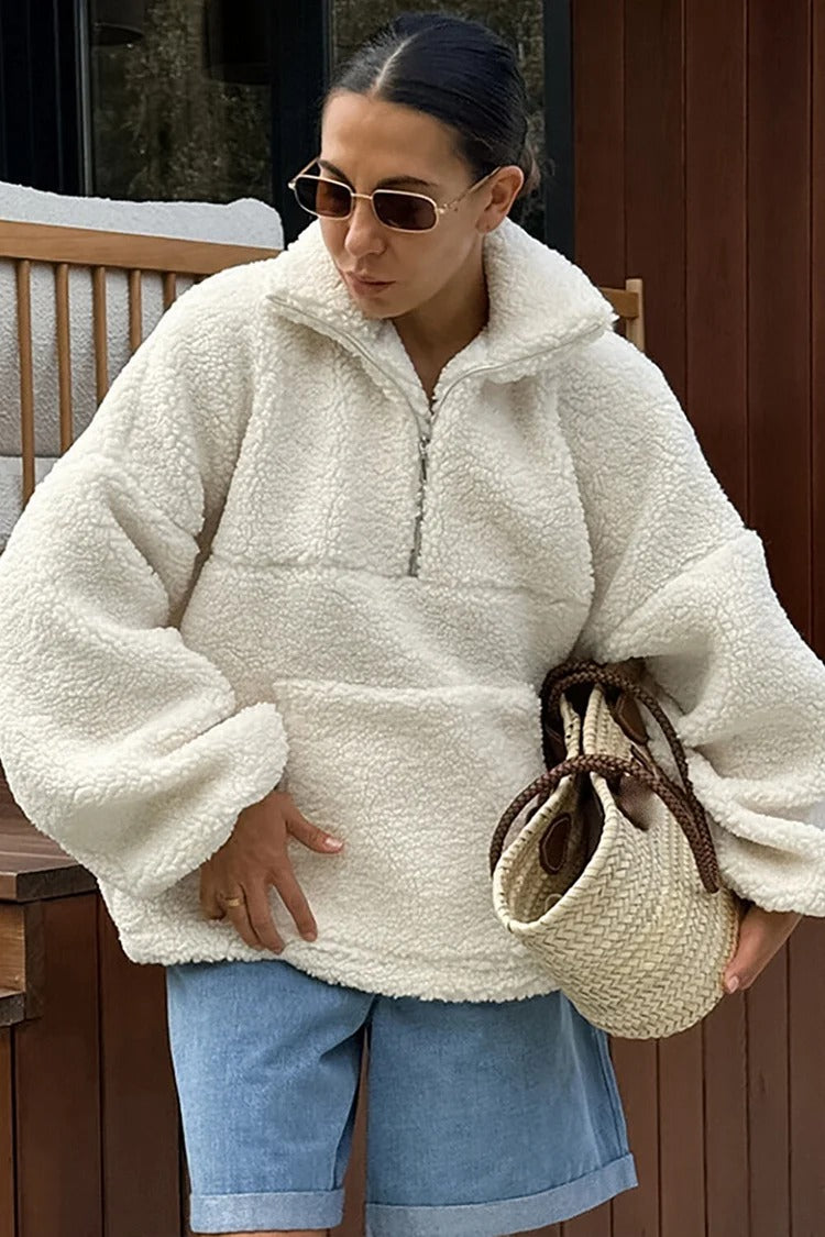 Beige Half-Zip Turndown Collar Fuzzy Top with Pockets - Amelia