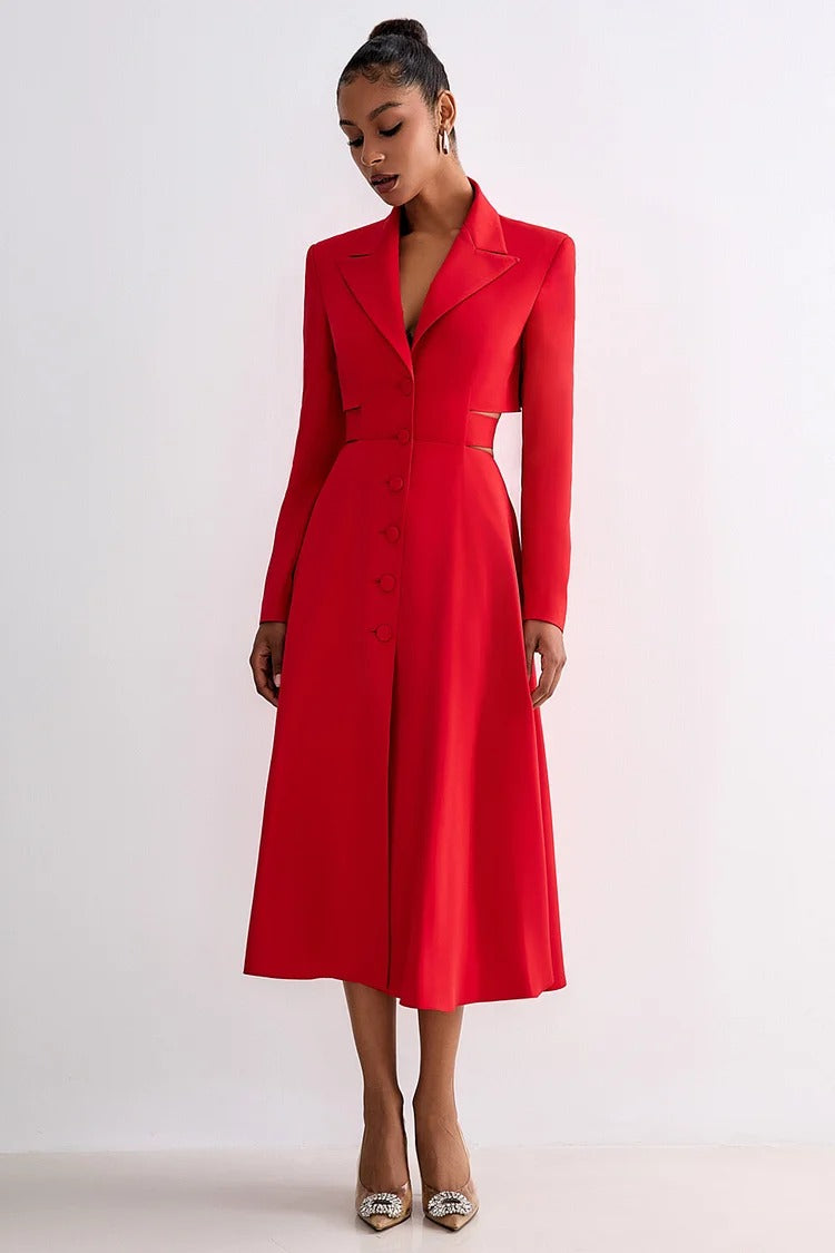 Red Notch Lapel Cutout Blazer Midi Dress - Isabelle