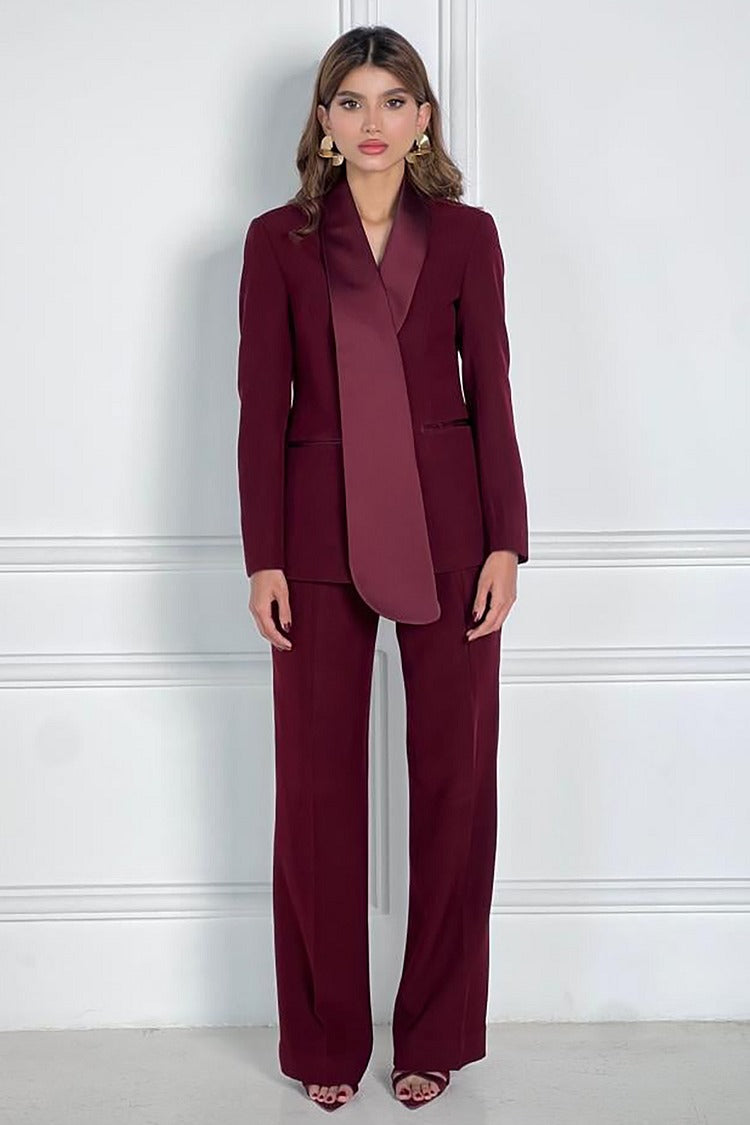 Burgundy Asymmetric Collar Blazer - Celeste