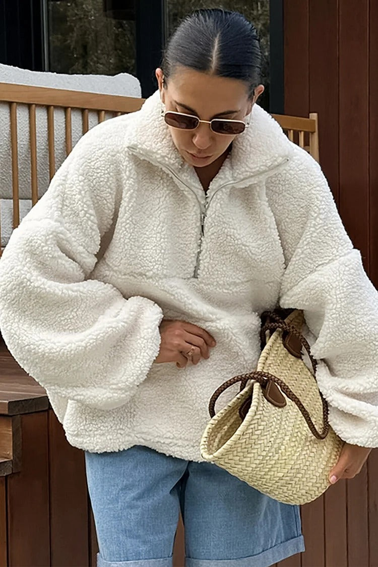 Beige Half-Zip Turndown Collar Fuzzy Top with Pockets - Amelia