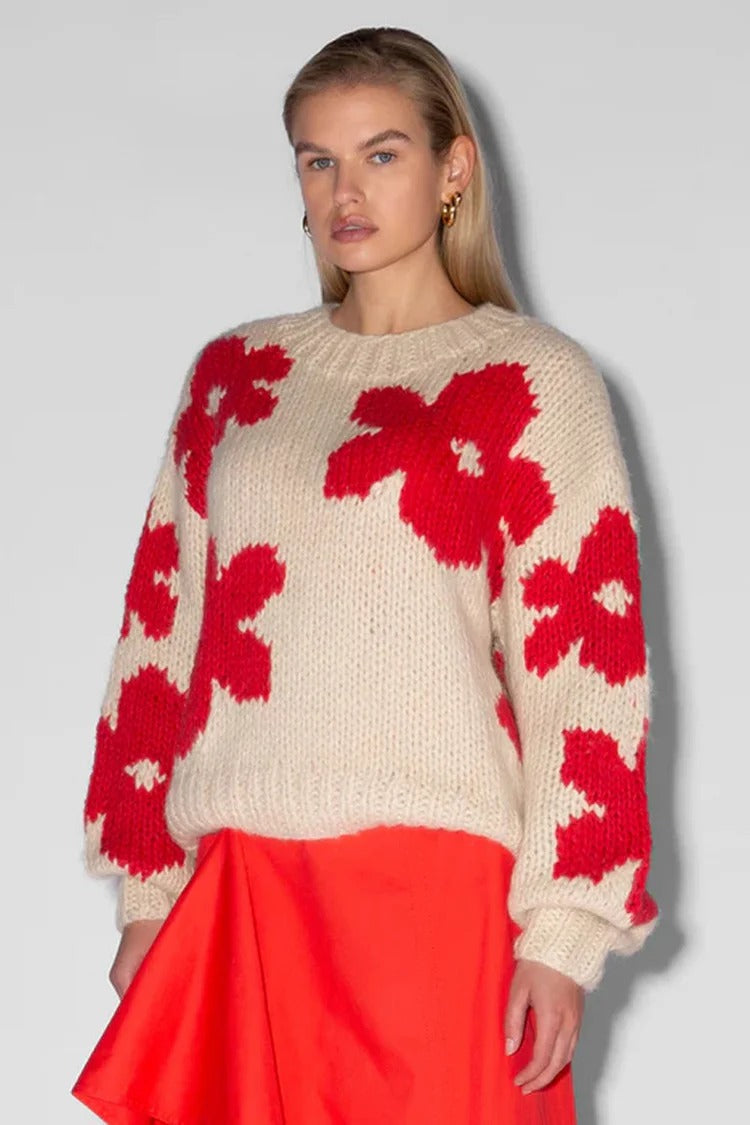 Beige Floral Knit Sweater - Clara