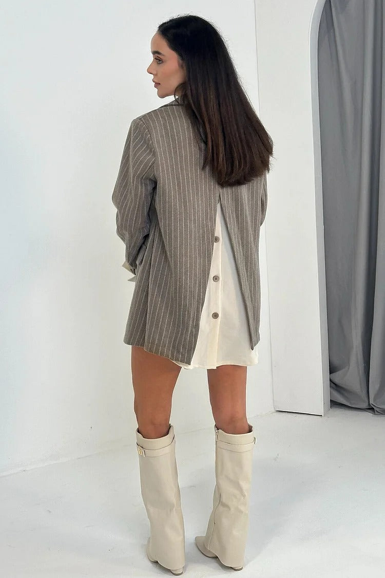 Brown Striped Patchwork Notch Lapel Blazer - Ava