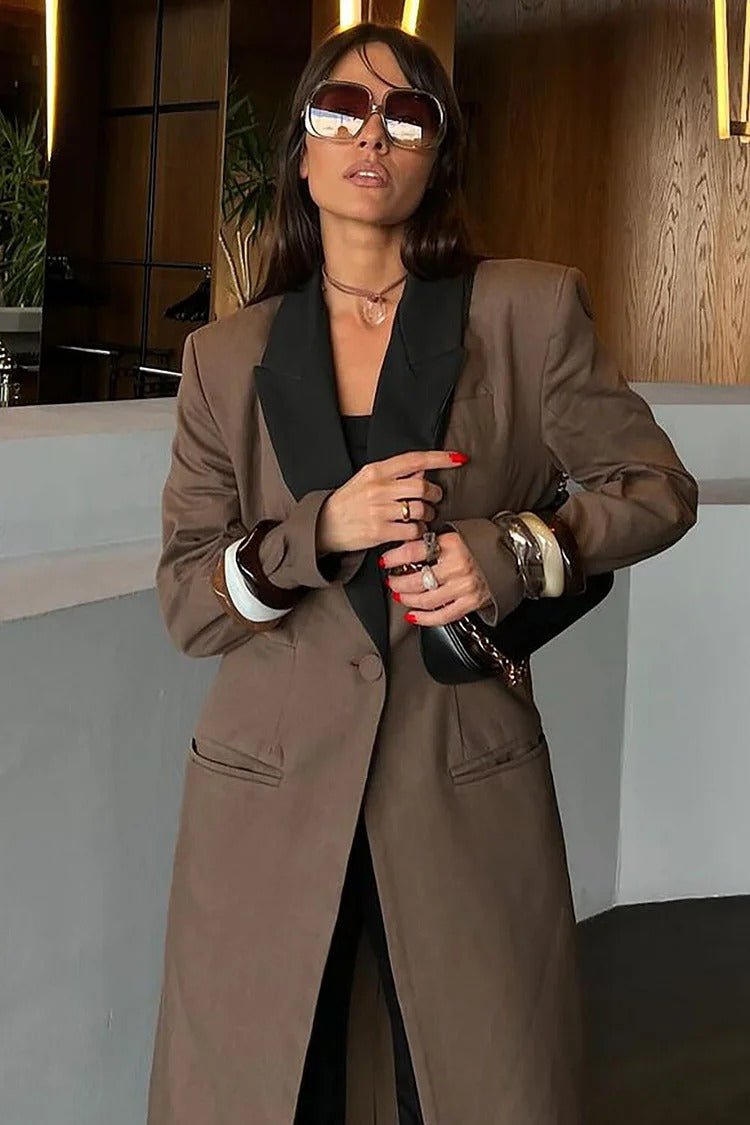 Brown Colorblock Long Blazer - Serena