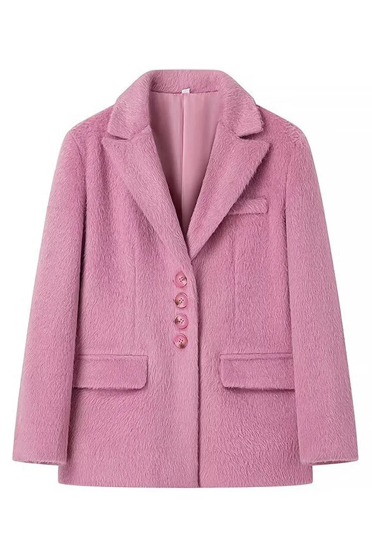 Pink Fuzzy Notch Lapel Blazer - Sophia