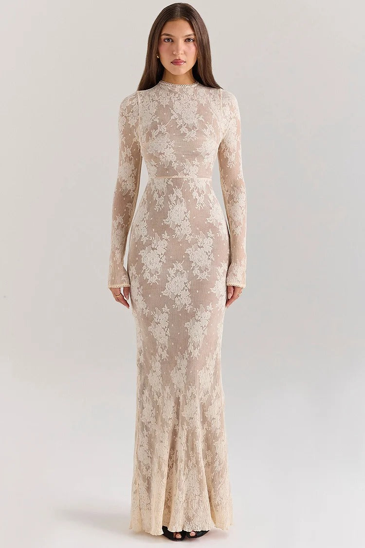 Beige Floral Lace Fishtail Gown - Liana