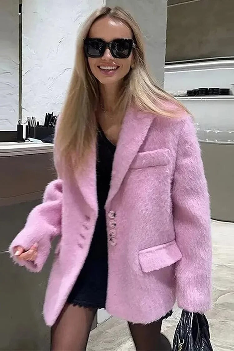 Pink Fuzzy Notch Lapel Blazer - Sophia